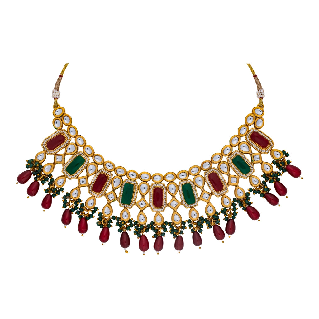 Kundan Pearl Necklace Set Ruby & Emerald Gold