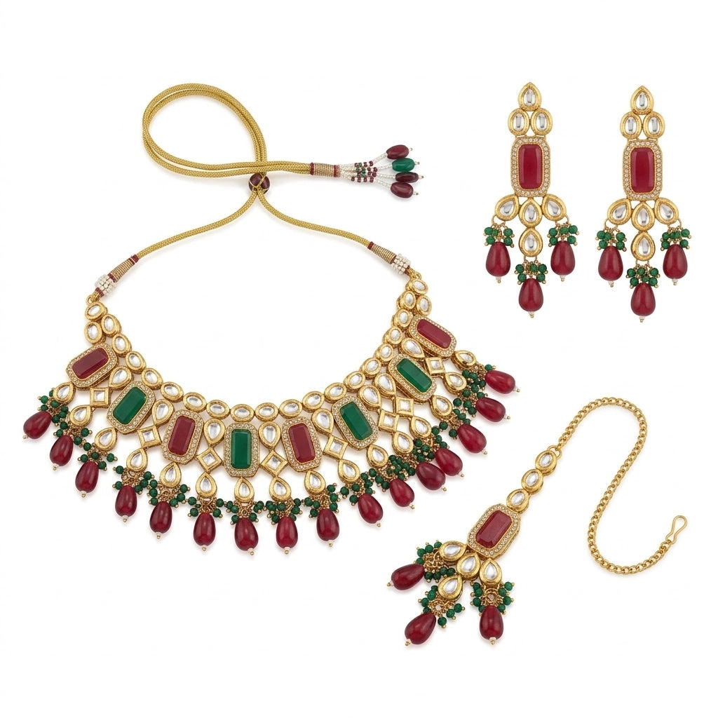 Kundan Pearl Necklace Set Ruby & Emerald Gold