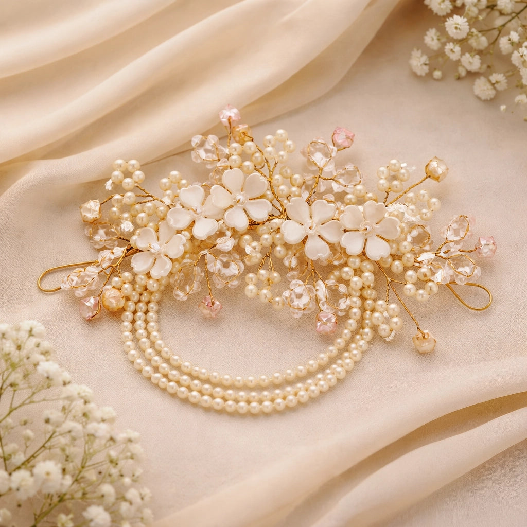 Floral Pearl Choker Necklace Ivory Gold