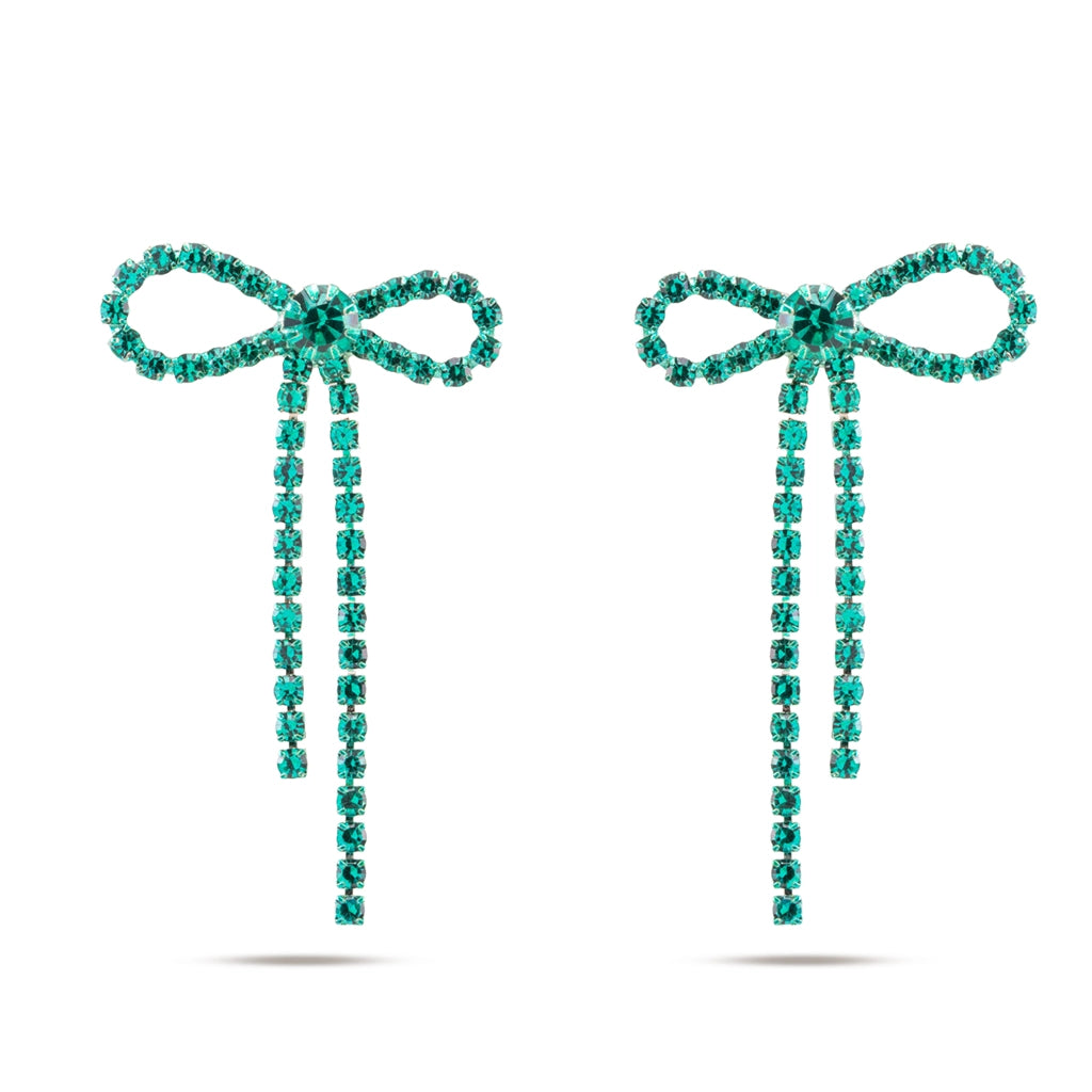 Crystal Bow Drop Earrings Green