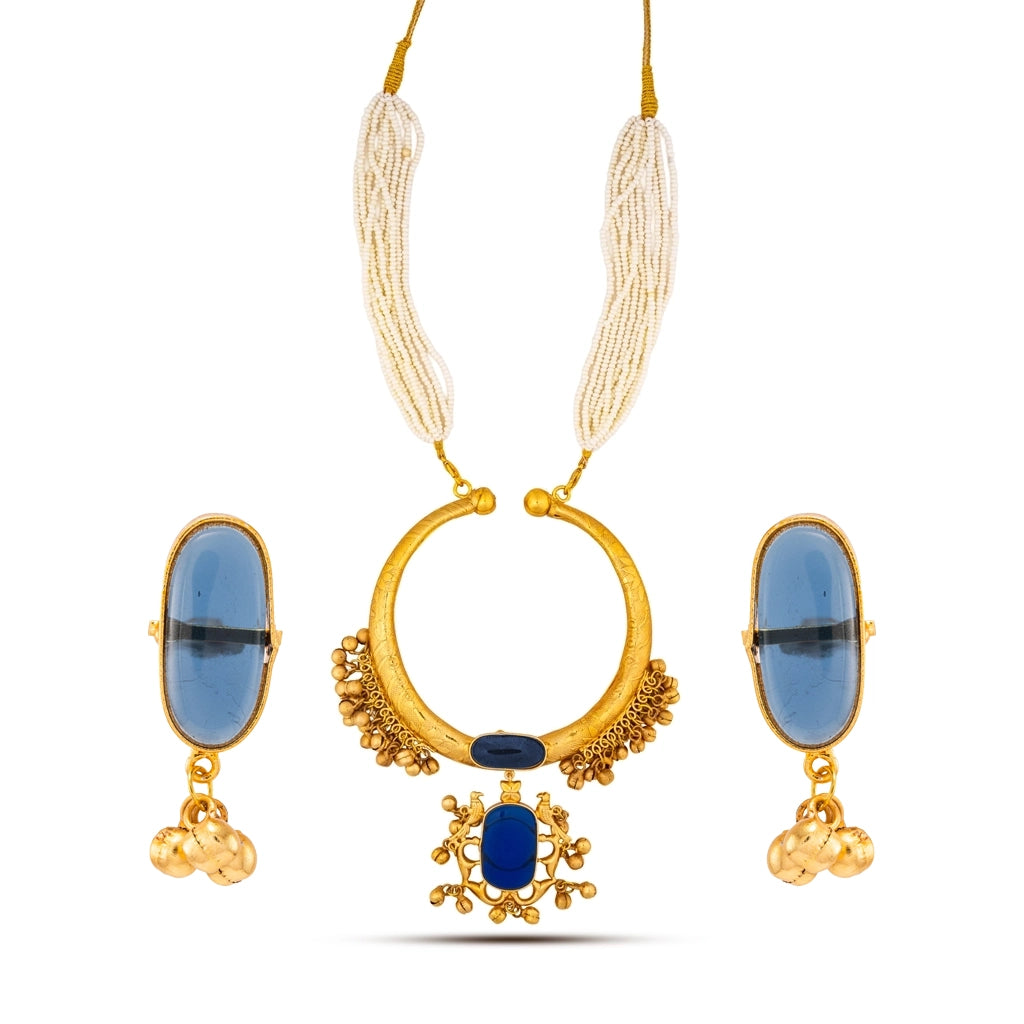 Sapphire Crescent Pearl Necklace Set