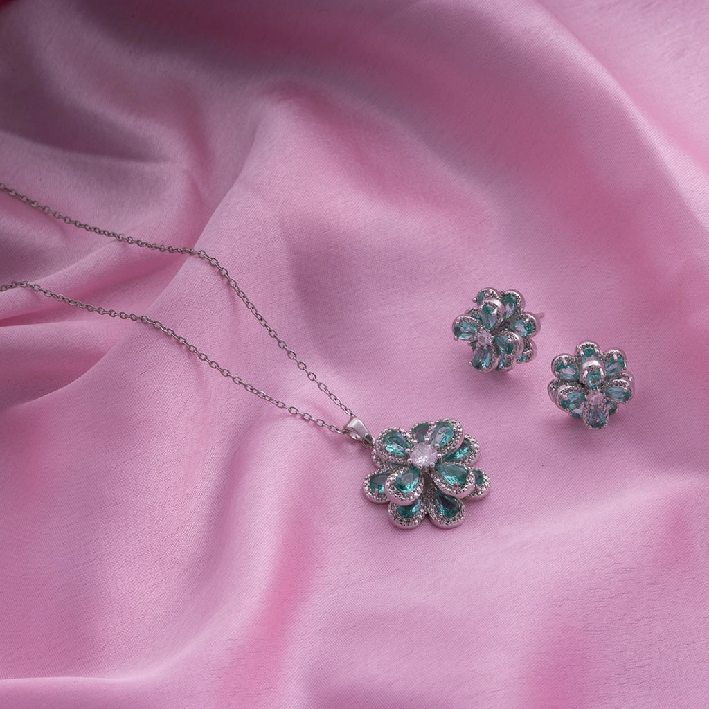 Aqua Bloom Crystal Floral Pendant Set