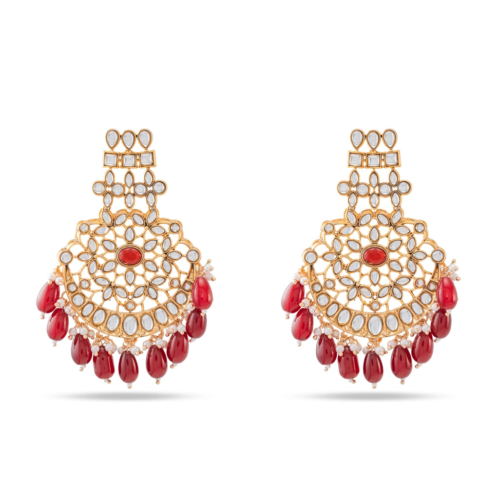 Kundan Pearl Necklace Set Ruby Red Gold