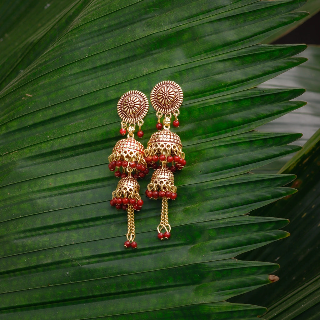 Crimson Cascade Jhumka Earrings
