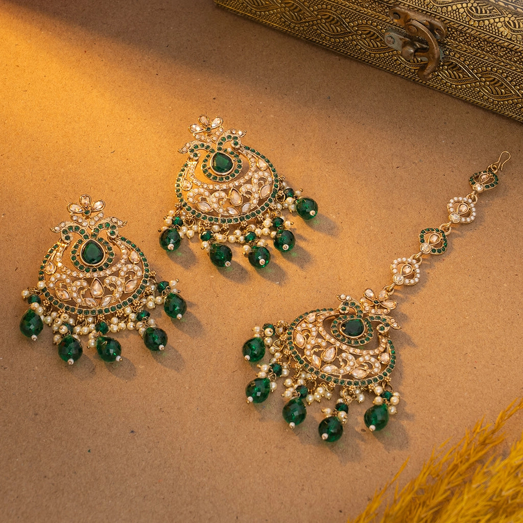 Emerald Mayura Danglers with Maang Tikka