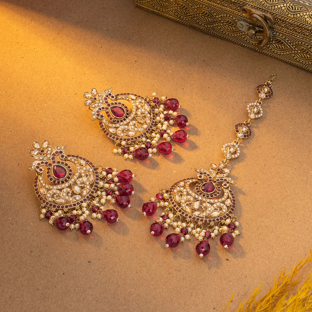 Rose Mayura Danglers with Maang Tikka