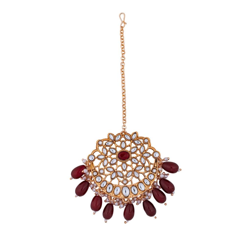Kundan Pearl Necklace Set Ruby Red Gold