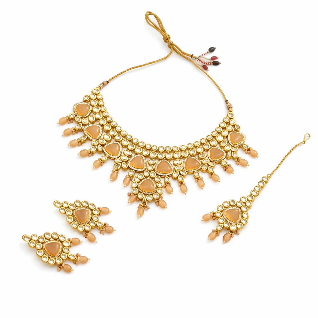 Kundan Pearl Necklace Set Peach