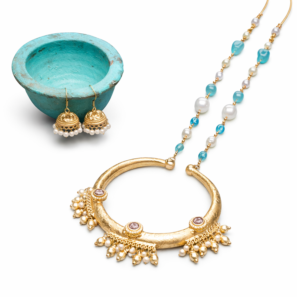 Aqua Rajwadi Crescent Necklace Set