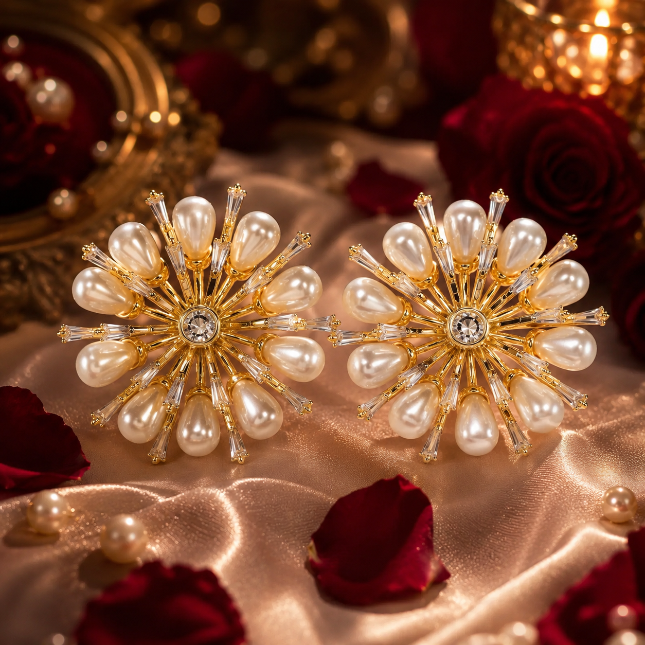 Sunburst Stud Pearl Earrings