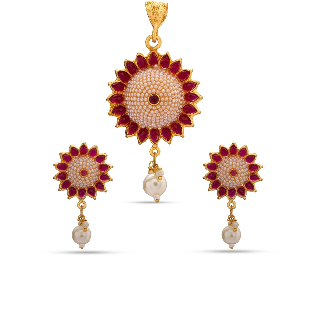 Sun Pearl Bloom Pendant Set Red