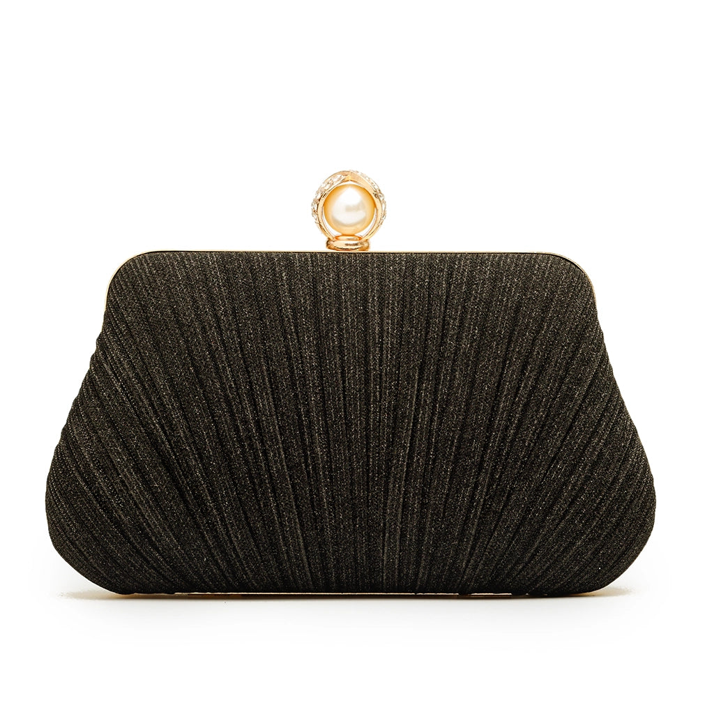 Noir Pleat Pearl Clutch