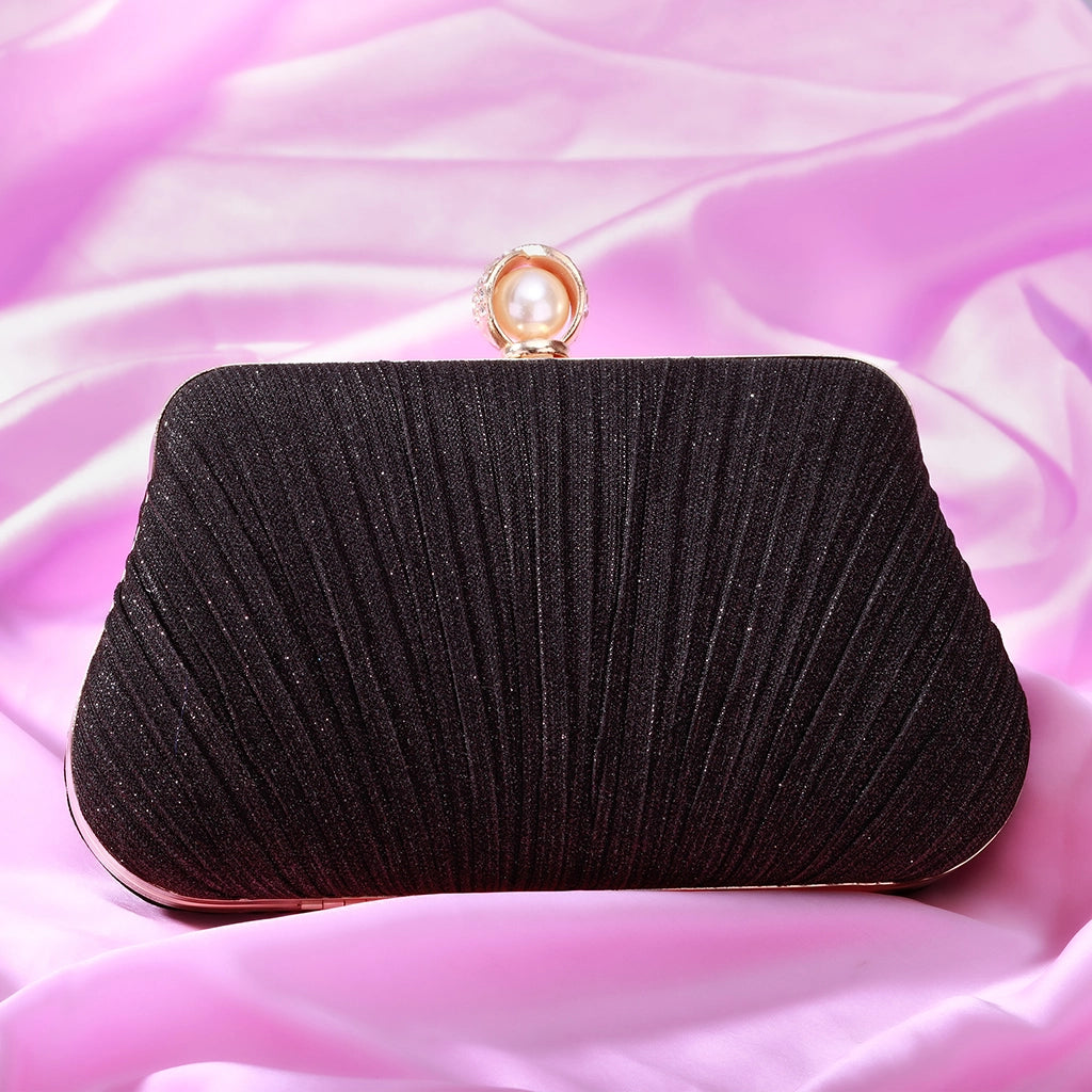 Noir Pleat Pearl Clutch