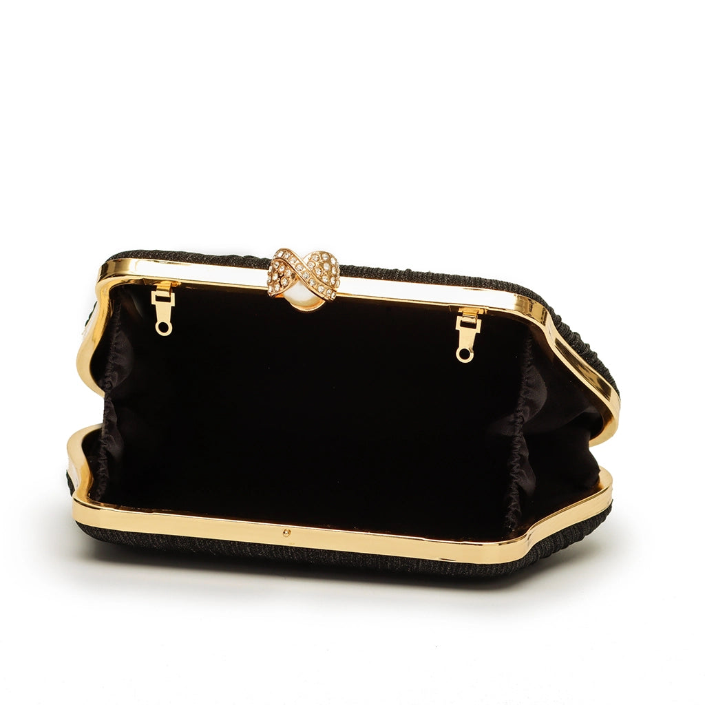 Noir Pleat Pearl Clutch