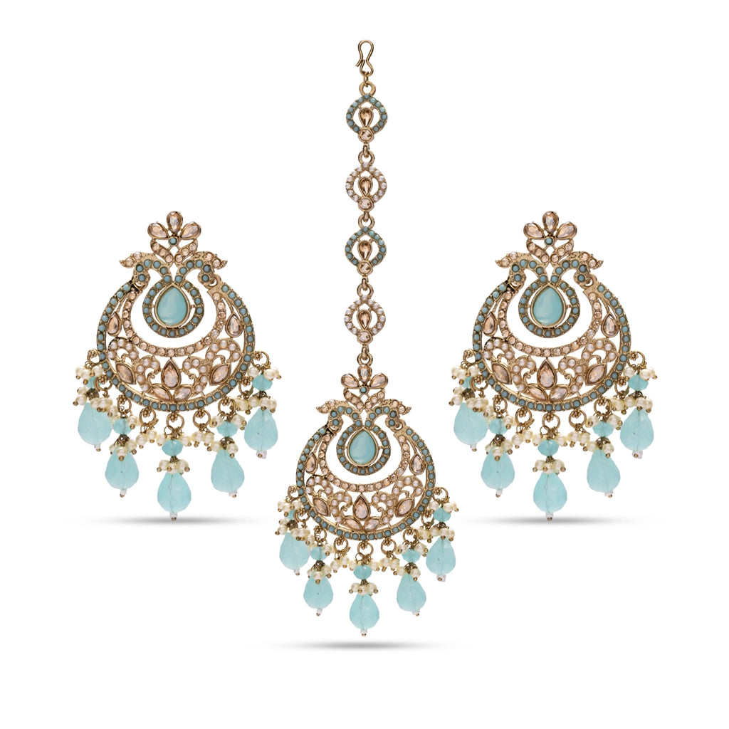 Mint Mayura Danglers with Maang Tikka