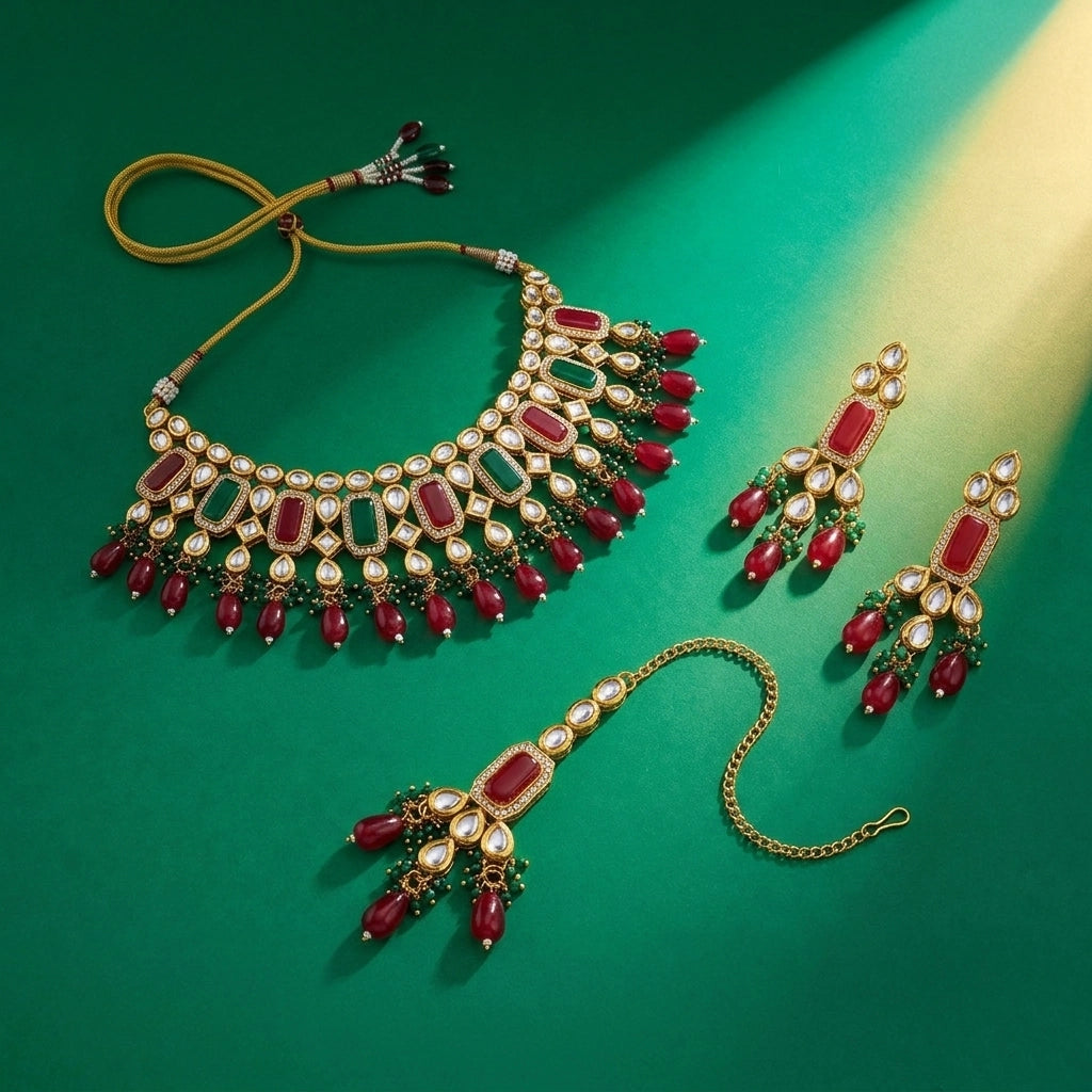 Kundan Pearl Necklace Set Ruby & Emerald Gold