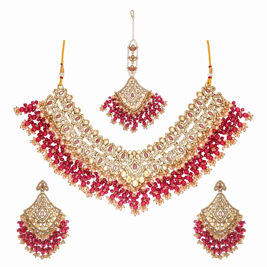Kundan Pearl Necklace Wine Gold