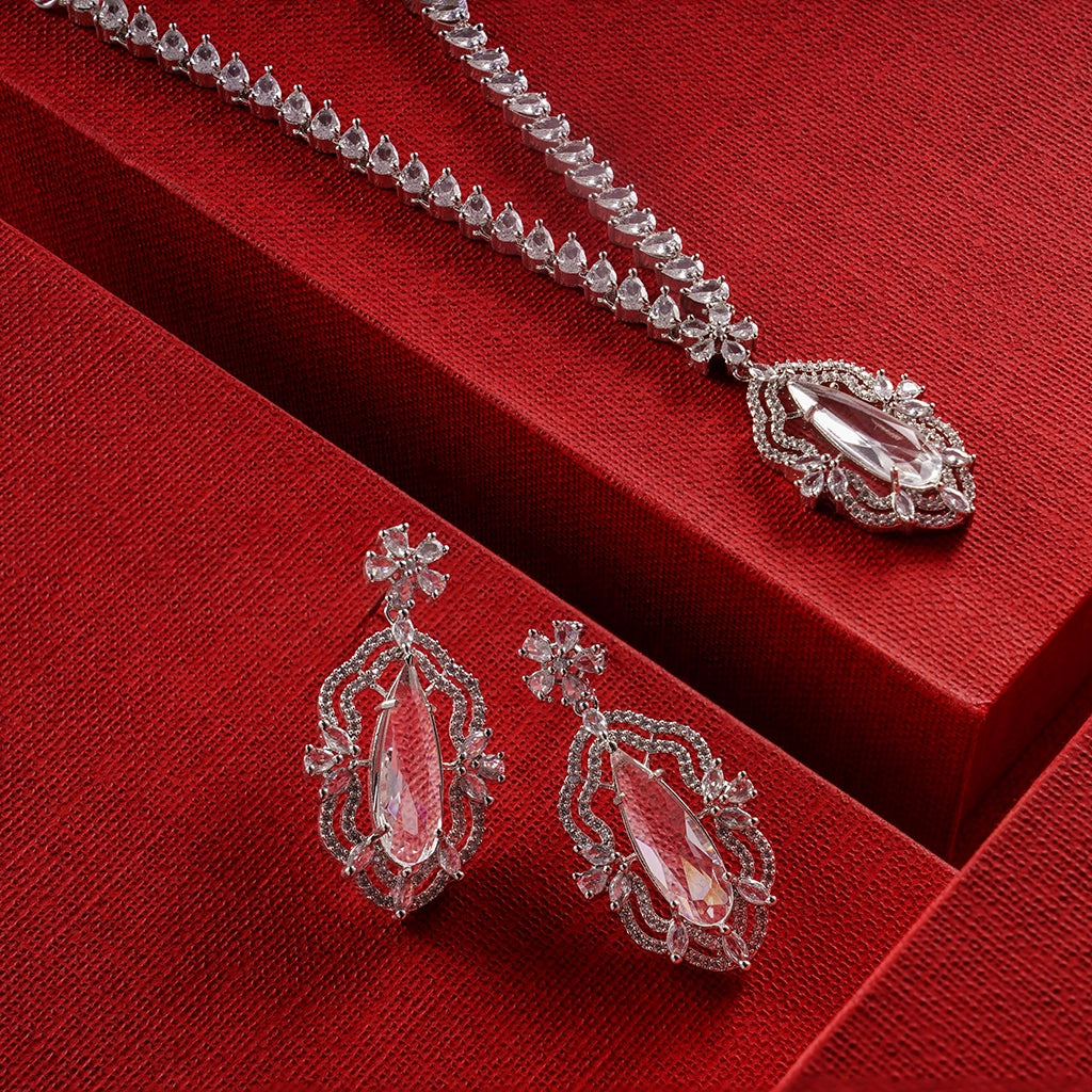 Celestial Silver Crystal Drop Necklace Set