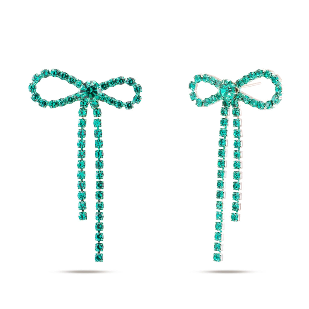 Crystal Bow Drop Earrings Green
