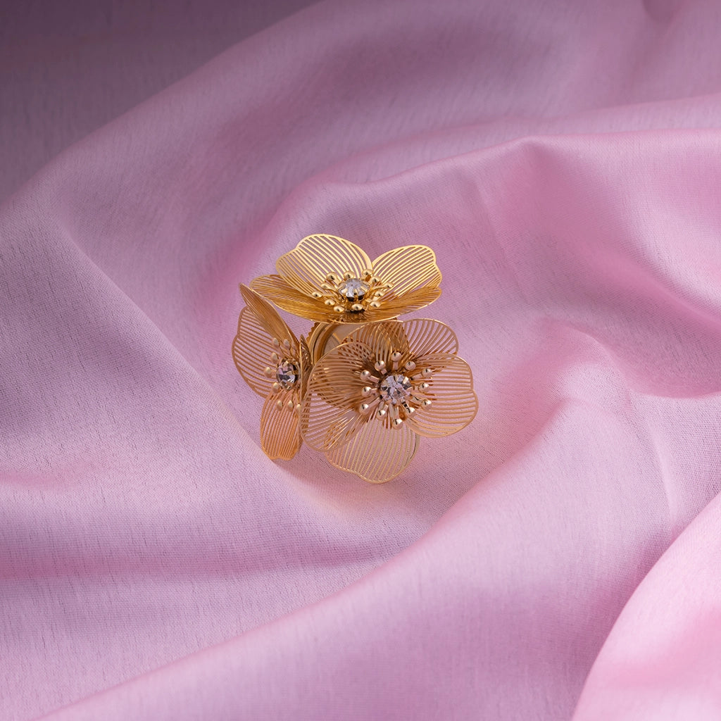 Golden Triple Bloom Crystal Ring