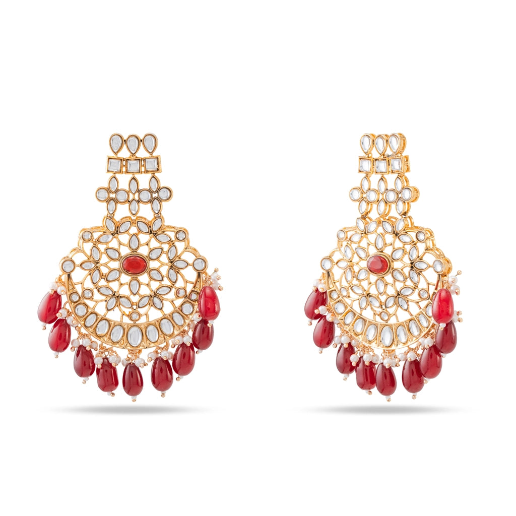 Kundan Pearl Necklace Set Ruby Red Gold