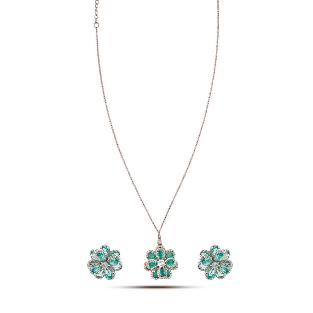 Aqua Bloom Crystal Floral Pendant Set