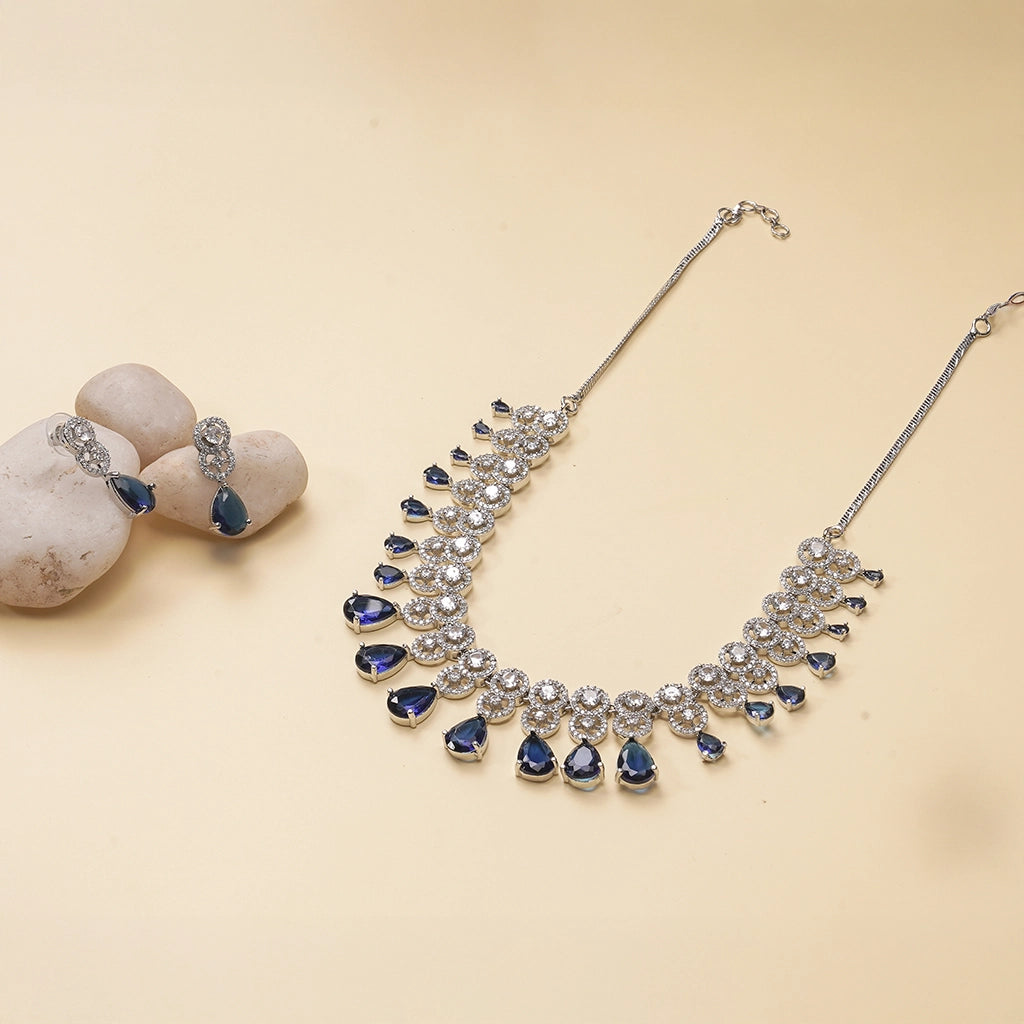 Blue Crystal Halo Necklace Set