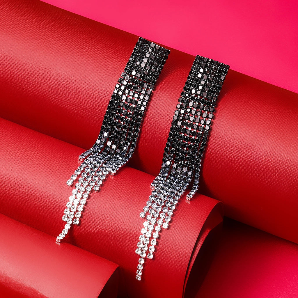 Midnight Cascade Crystal Tassel Earrings