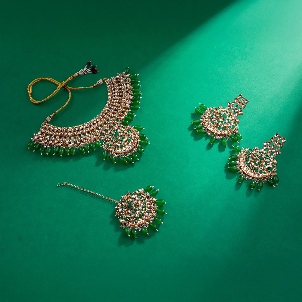 Kundan Pearl Necklace Set Emerald Green