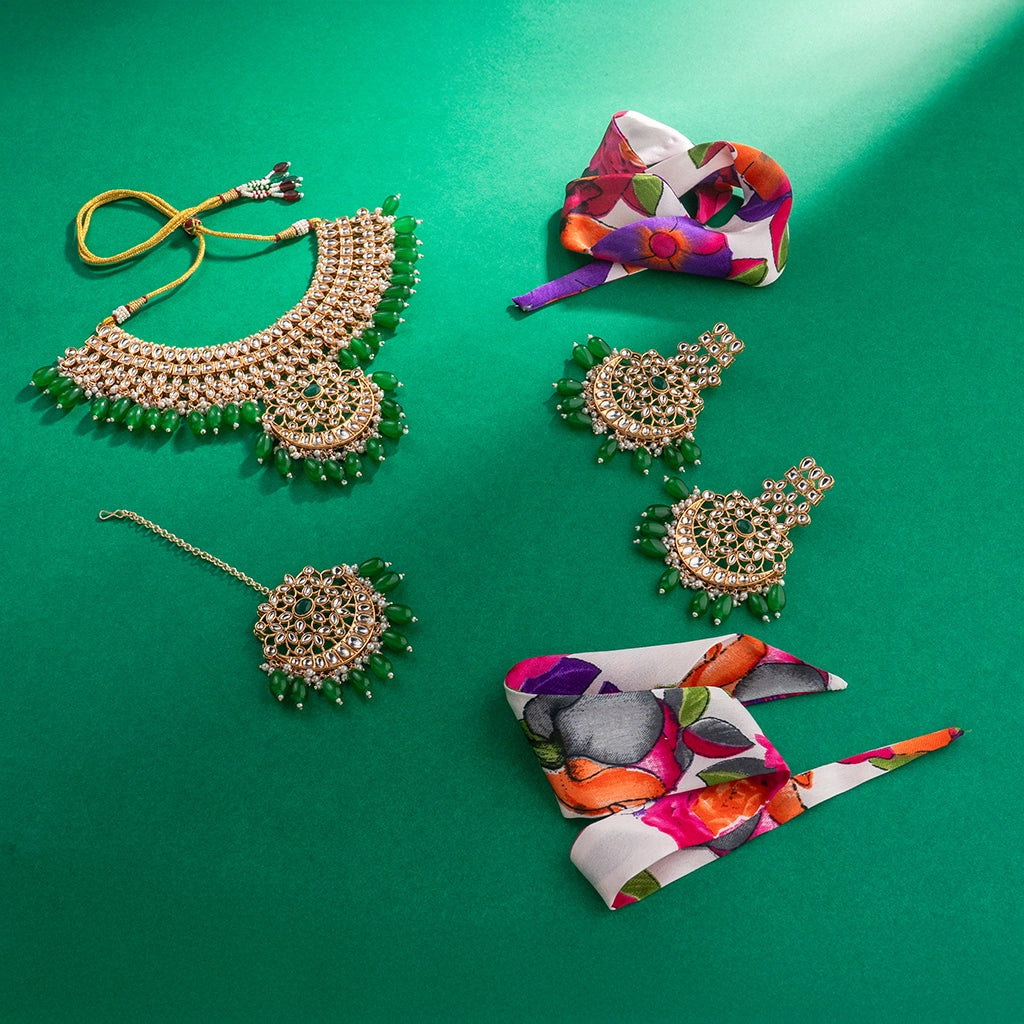 Kundan Pearl Necklace Set Emerald Green