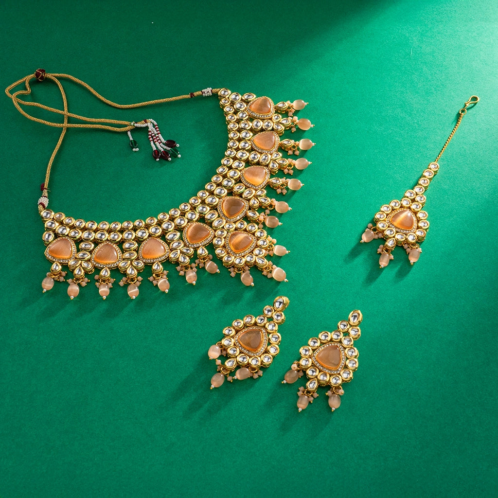 Kundan Pearl Necklace Set Peach