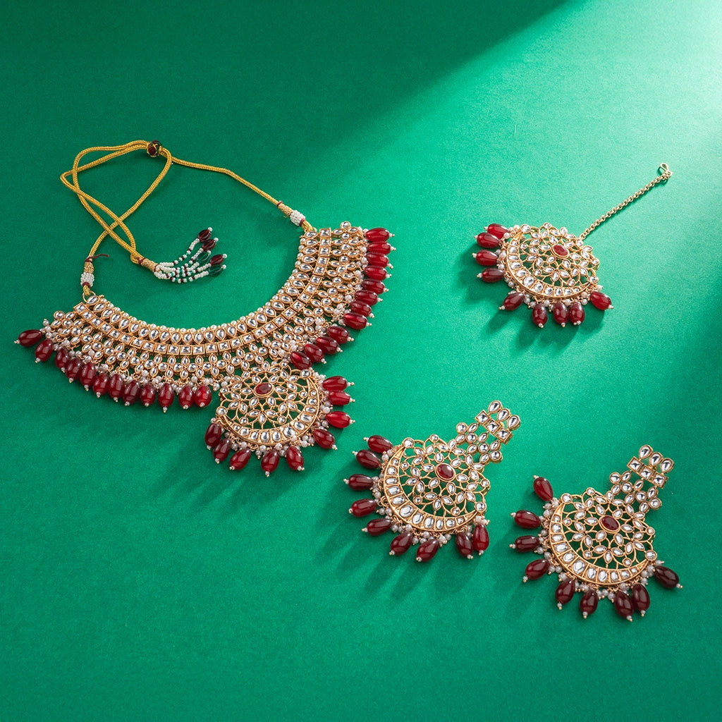 Kundan Pearl Necklace Set Ruby Red Gold