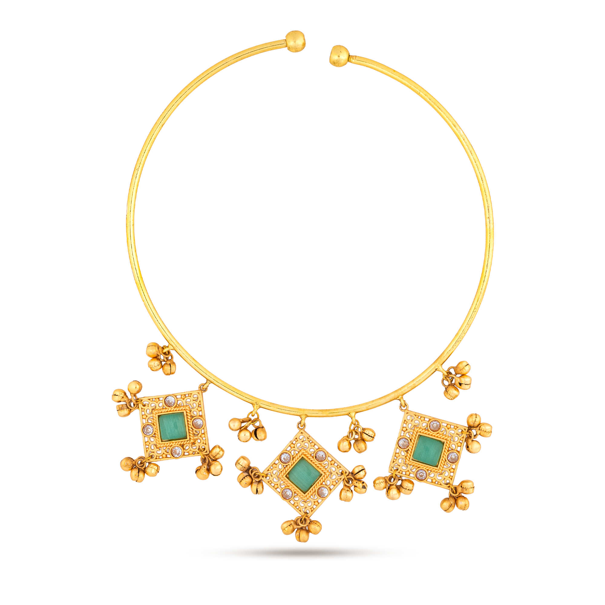 Tribal Emerald Square Charm Gold Collar Necklace
