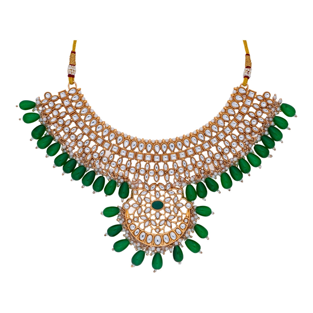Kundan Pearl Necklace Set Emerald Green