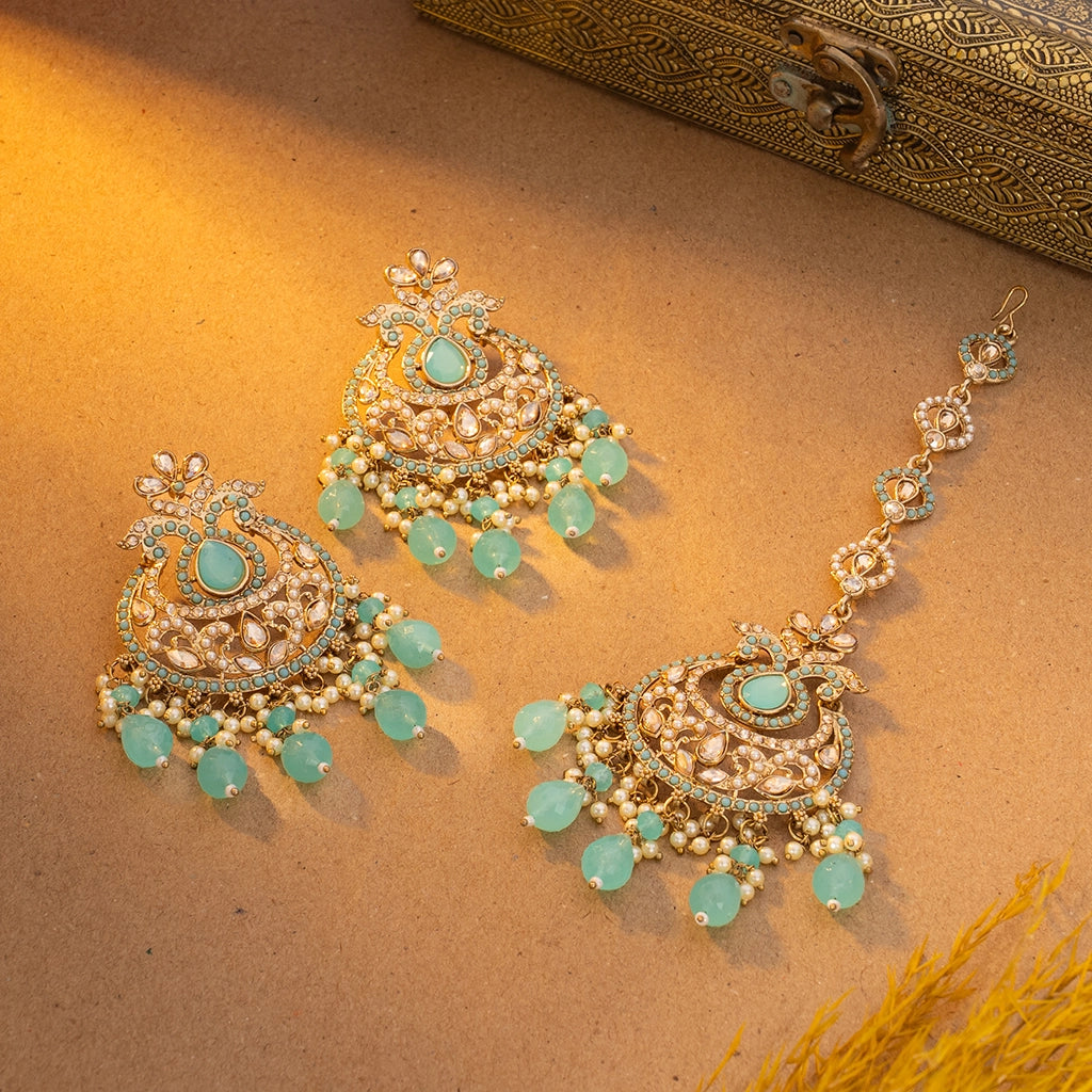 Sky Mayura Danglers with Maang Tikka