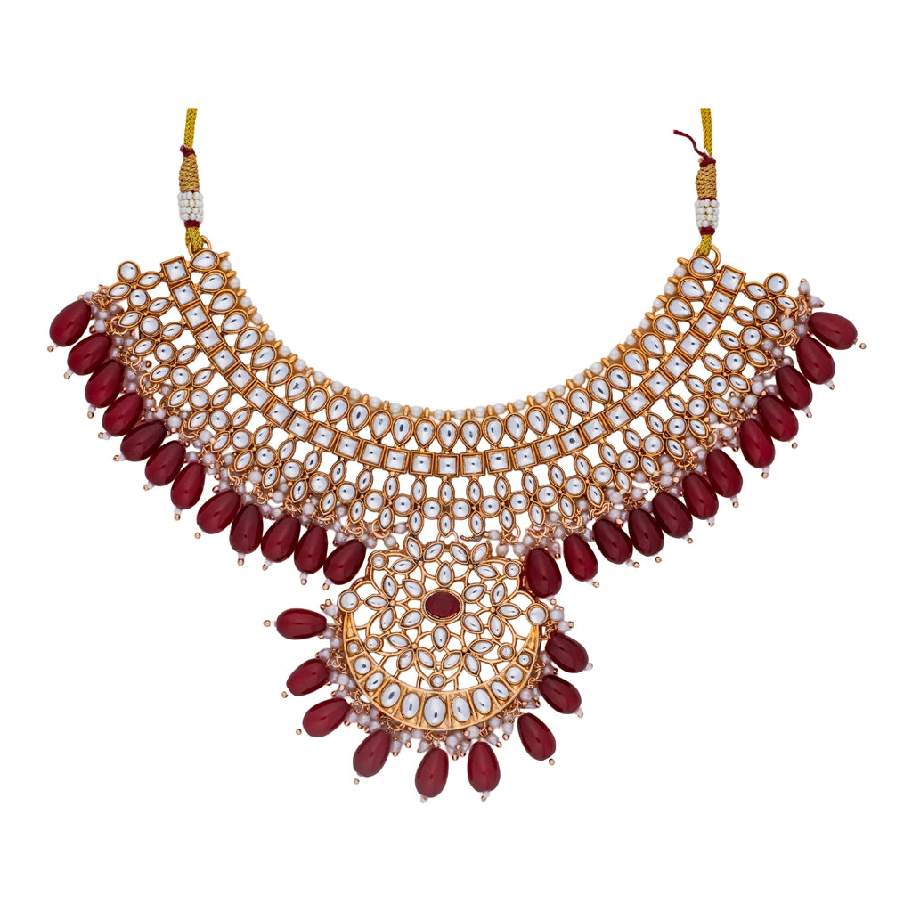 Kundan Pearl Necklace Set Ruby Red Gold