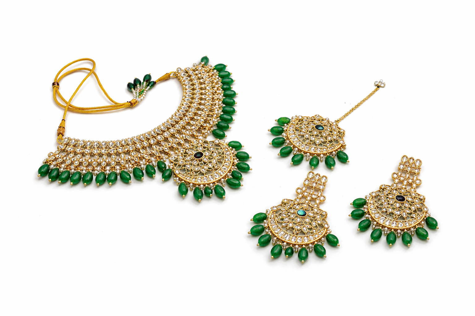 Kundan Pearl Necklace Set Emerald Green