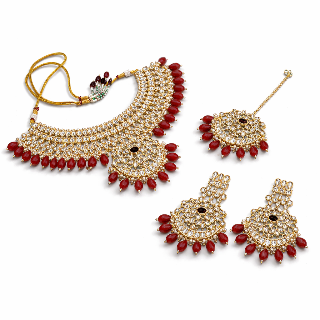 Kundan Pearl Necklace Set Ruby Red Gold
