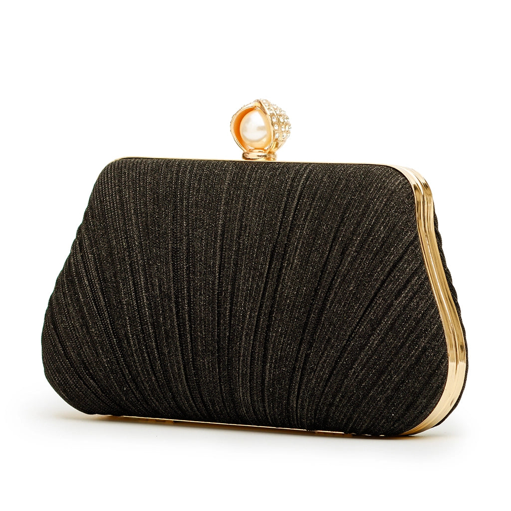 Noir Pleat Pearl Clutch