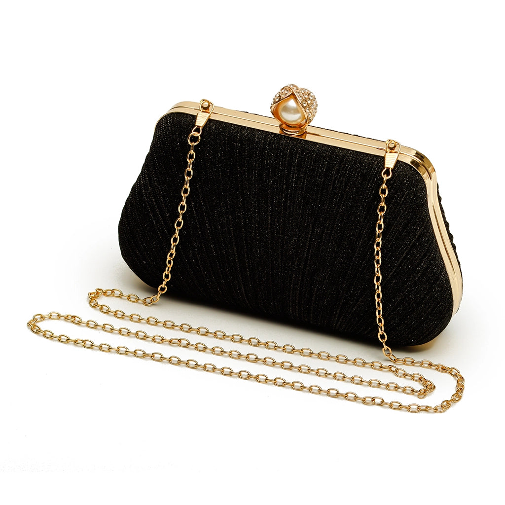 Noir Pleat Pearl Clutch