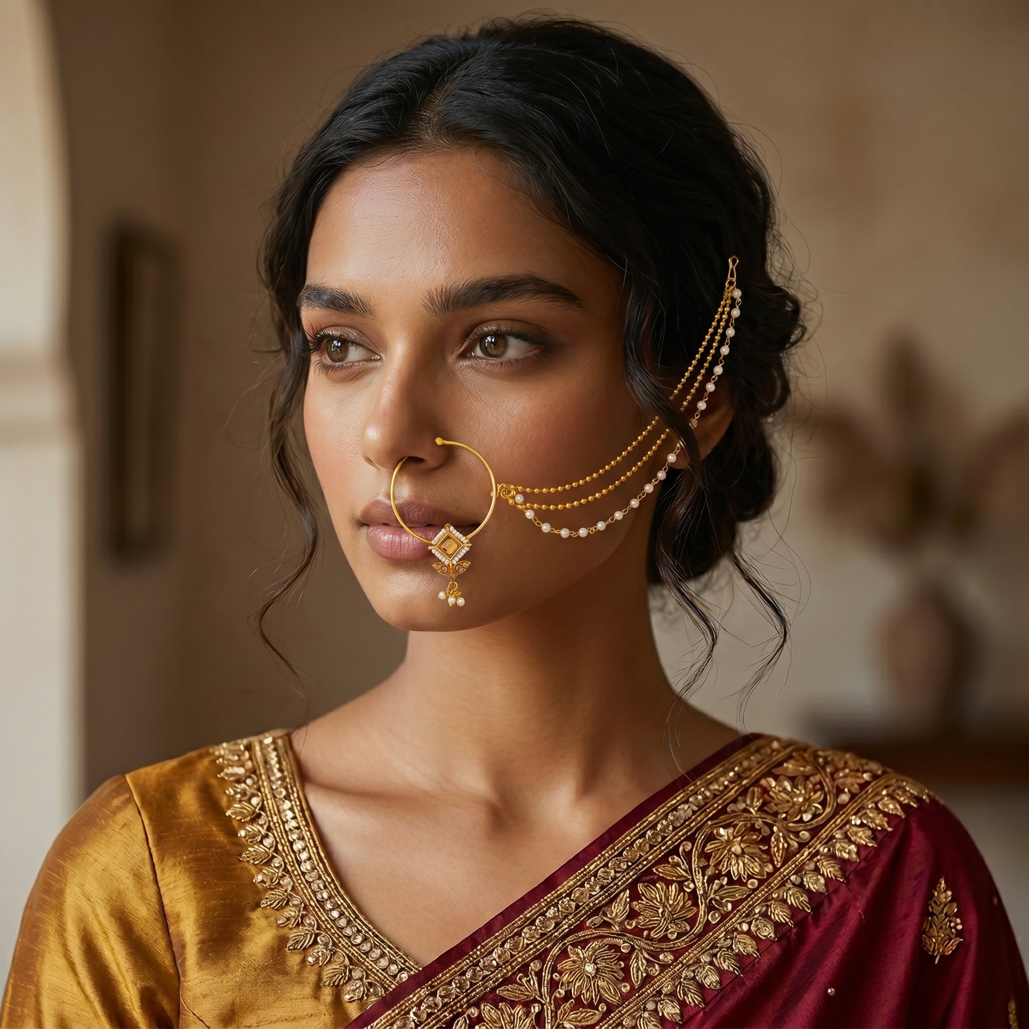 Golden Prism Pearl Nath Chain